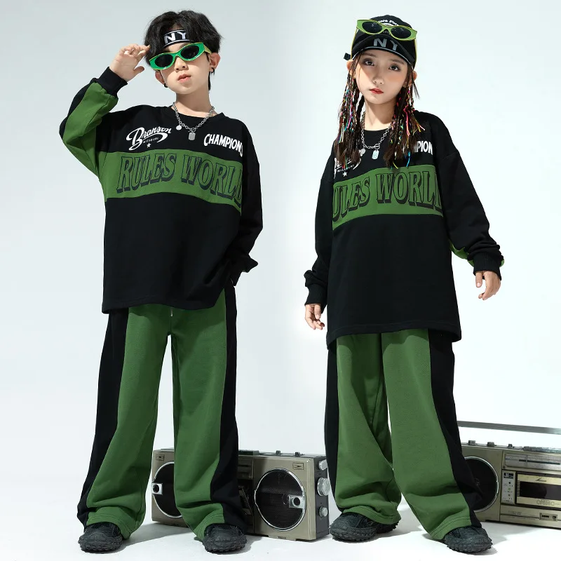 Kid Hip Hop Clothing Black Letter Oversized Sweatshirt Top Green Casual Wide Sweat Pants for Girl Boy Jazz Dance Costume Clothes