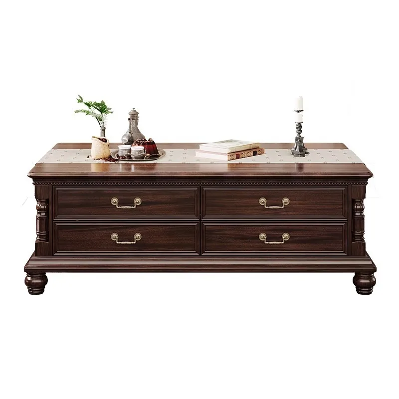 Retro Rectangle Black Walnut Storage Tea Table with Drawers