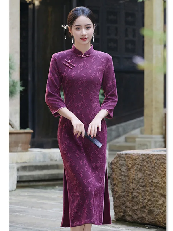 

Autumn Winter Thickened Cashmere Long Qipao Shanghai Vintage Style Seven-Quarter Sleeve Improved New Chinese Style Happiness Mom