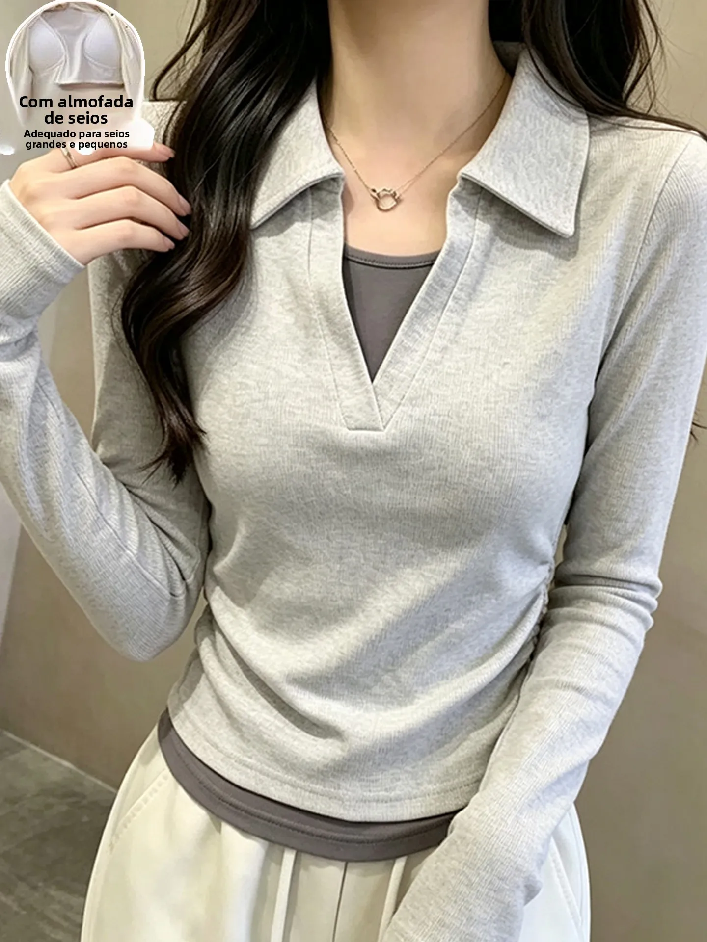 女性用寝間着-ポロカラー長袖シャツ-胸パッド付き-スリムフィット-ホームウェア-アウター-快適で通気性のある秋用
