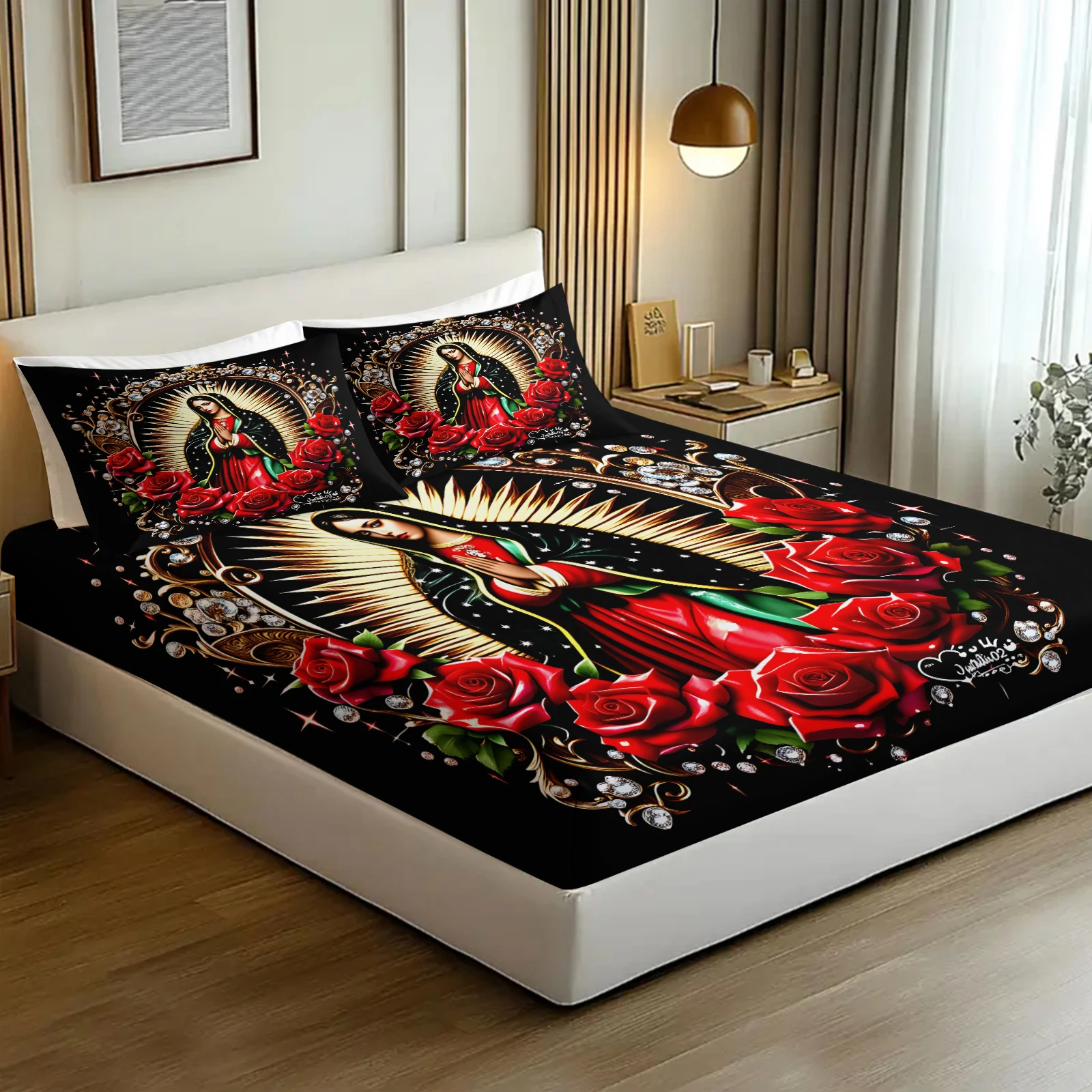 Our Lady of Guadalupe Fitted Sheet Set 3Pcs Red Rose Virgin Mary Print Black Bedding Set Microfiber Bed Cover with Deep Pocket