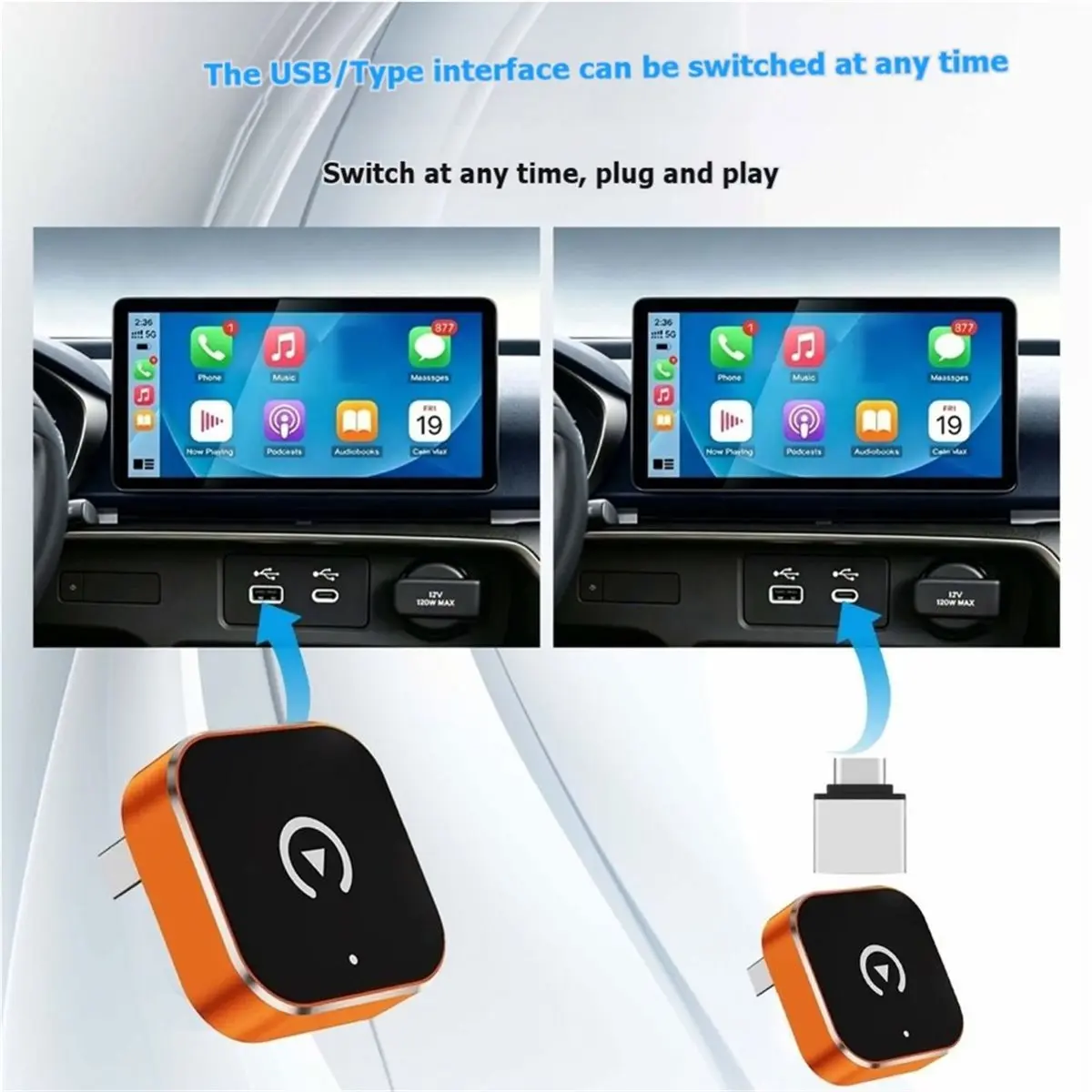 A77K 2in1 Mini Wired to Wireless CarPlay Dongle Wireless Android Auto Adapter Bluetooth 5.2 USB Plug and Play Orange