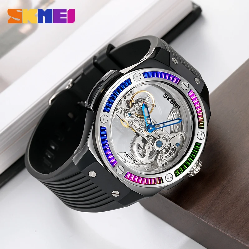 SKMEI Automatic Watch Skeleton Waterproof Wristwatch for Man Luxury Transparent Mechanical Watches Male Clock Silicone Strap