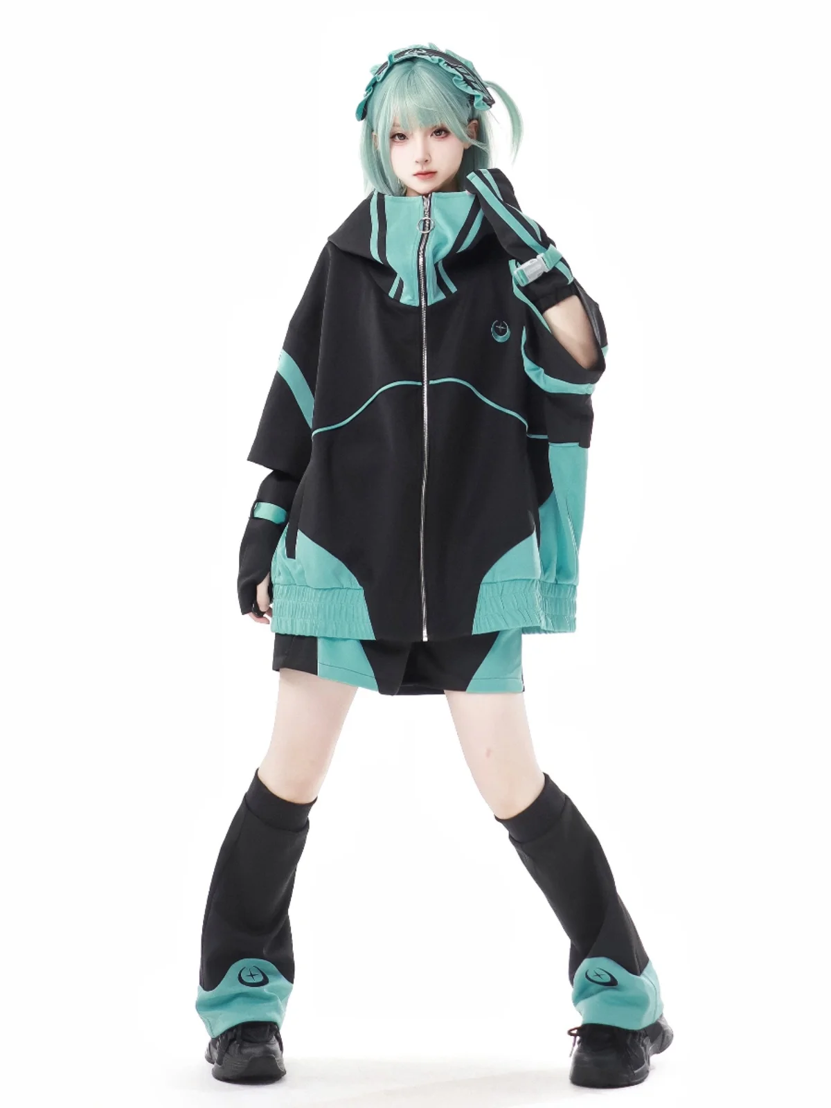 2024 New Spring Summer Color Block Short-Sleeved Mine Sportswear Oversized Zipper Hoodie Jacket and Shorts Leg Warmer Outfits