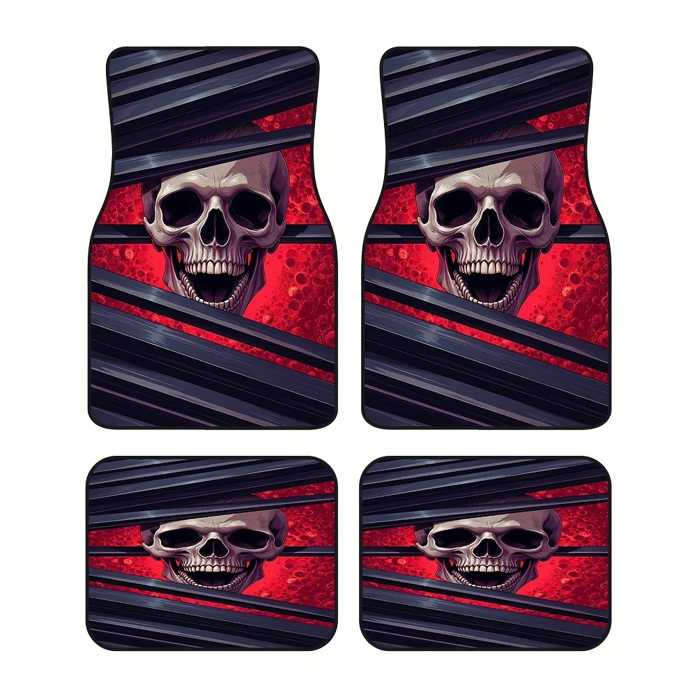 4pcs Car Floor Mats Highlighting Skull Peeking Through Blind Blades Motif, Ideal For Crossovers Or Trucks, Including Easy Mainte