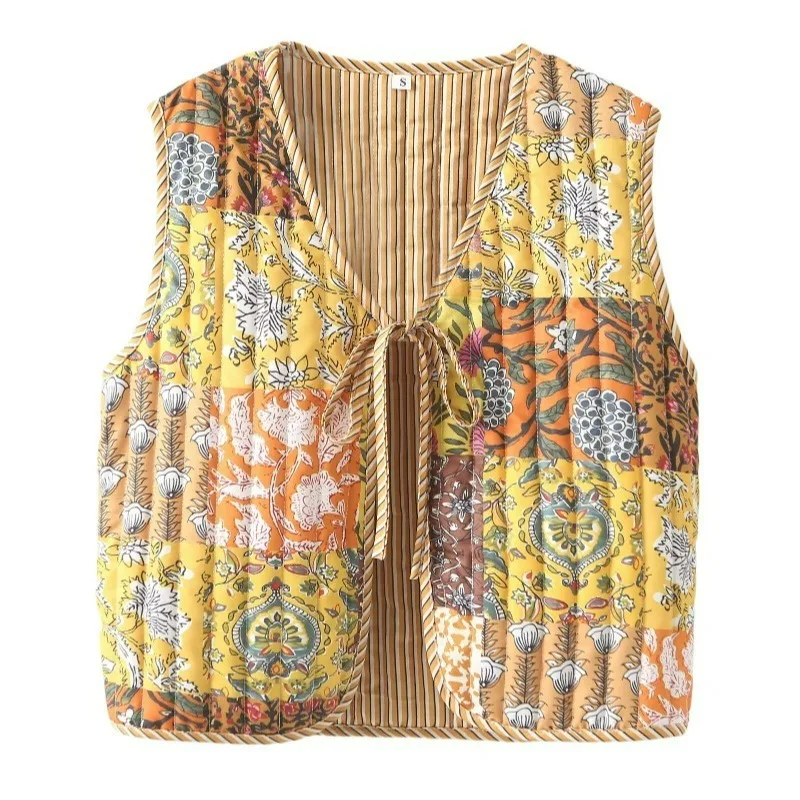 

Women 2025 Autumn Winter Vest National Style Retro Printed Quilted Puffer Streetwear Tie-Front Fashion Sleeveless Top for Girls