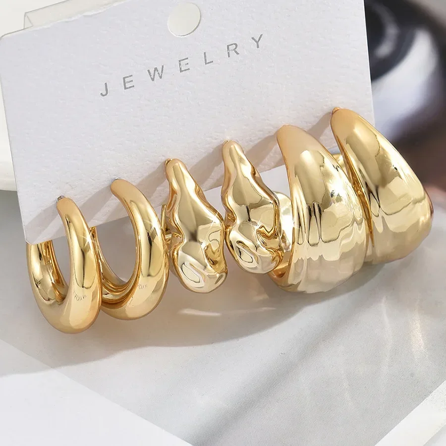 XINYI 6Pcs Classic Geometry Glossy Ccb Gold Plated Waterdrop C Shape Hoop Earrings Set for Women Teens Vintage Daily Jewelry