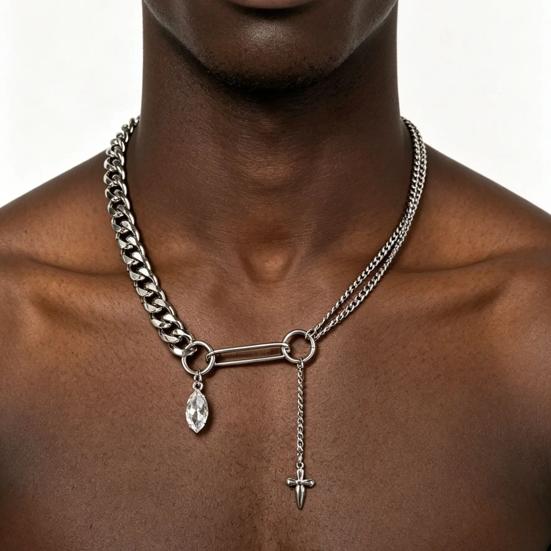 Silver Mixed Cuban Paperclip Chain Necklace Marquise CZ & Tiny Cross Drop Pendant Y‑Shape Punk Street Unisex Fashion Jewelry