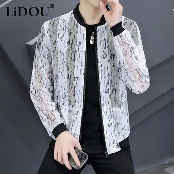 İlkbahar Yaz Yeni Ince Stil Güneş Koruyucu Giyim Adam Moda Baskı Uzun Kollu Hırka Erkekler Yuvarlak Boyun Fermuar Ceket Oymak