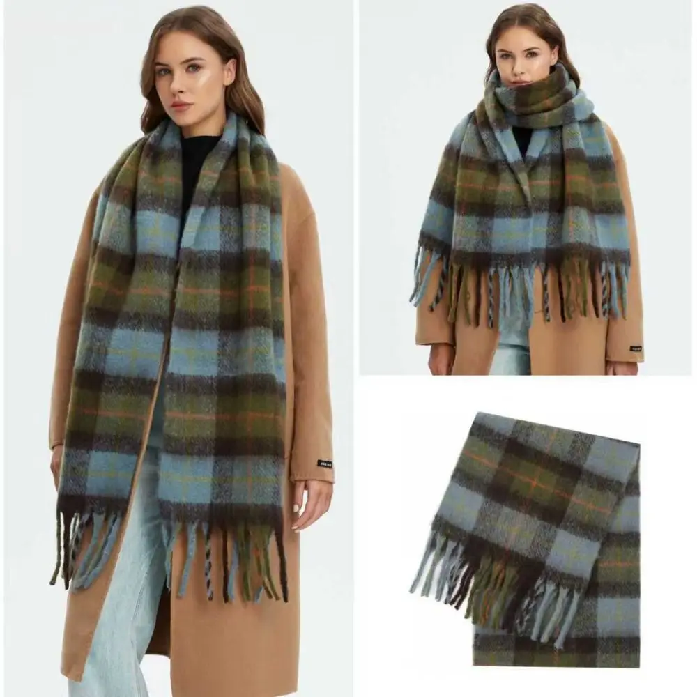 Simple Mohair Plaid Wool Scarf Plush Thick Rainbow Tassel Shawl Preppy Long Winter Cashmere Scarves Girl