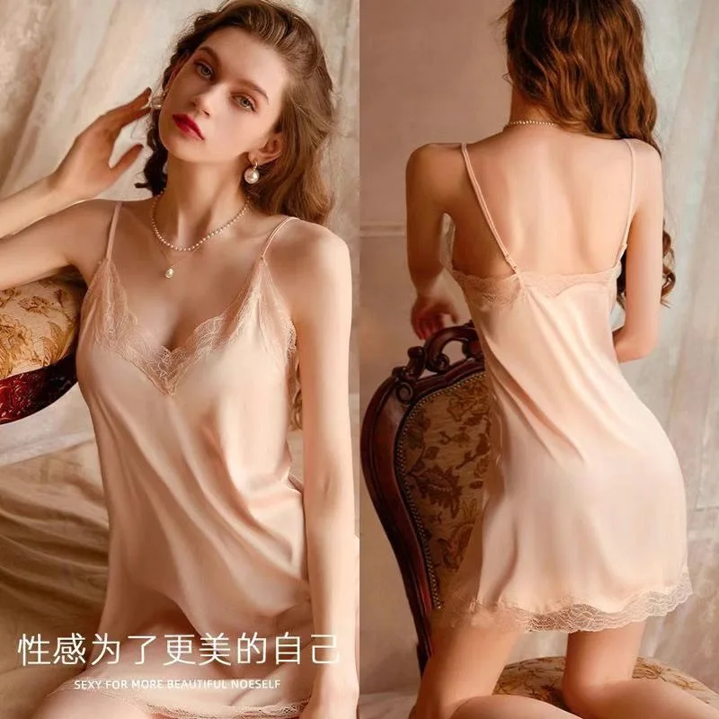 Sexy Pajama Ladies Hot Pure Wind Private Room Superior Sense Summer Ice Silk Lace Nightdress Halter Loungewear Women Nightwear