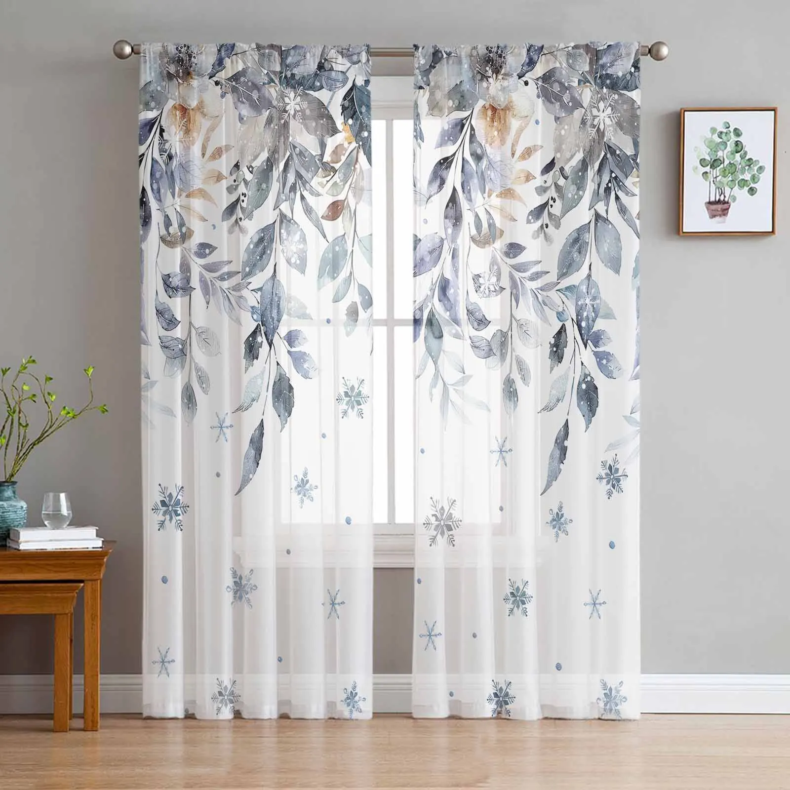 

Winter Eucalyptus Leaves Flowers Snowflakes Tulle Curtains for Living Room Decor Modern Chiffon Sheer Voile Christmas Curtains