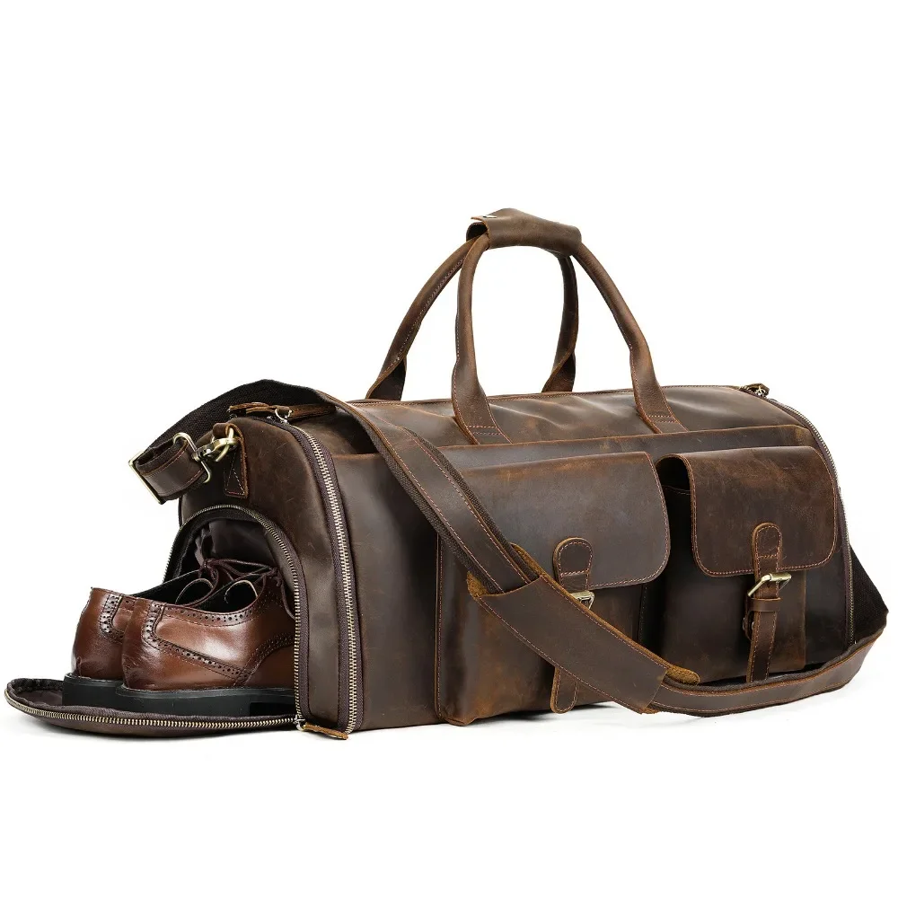 Retro Crazy Horse Leather Travel Bag, High Quality Travel Bag, Portable Short Distance Business Trip Multi functional Suit Bag