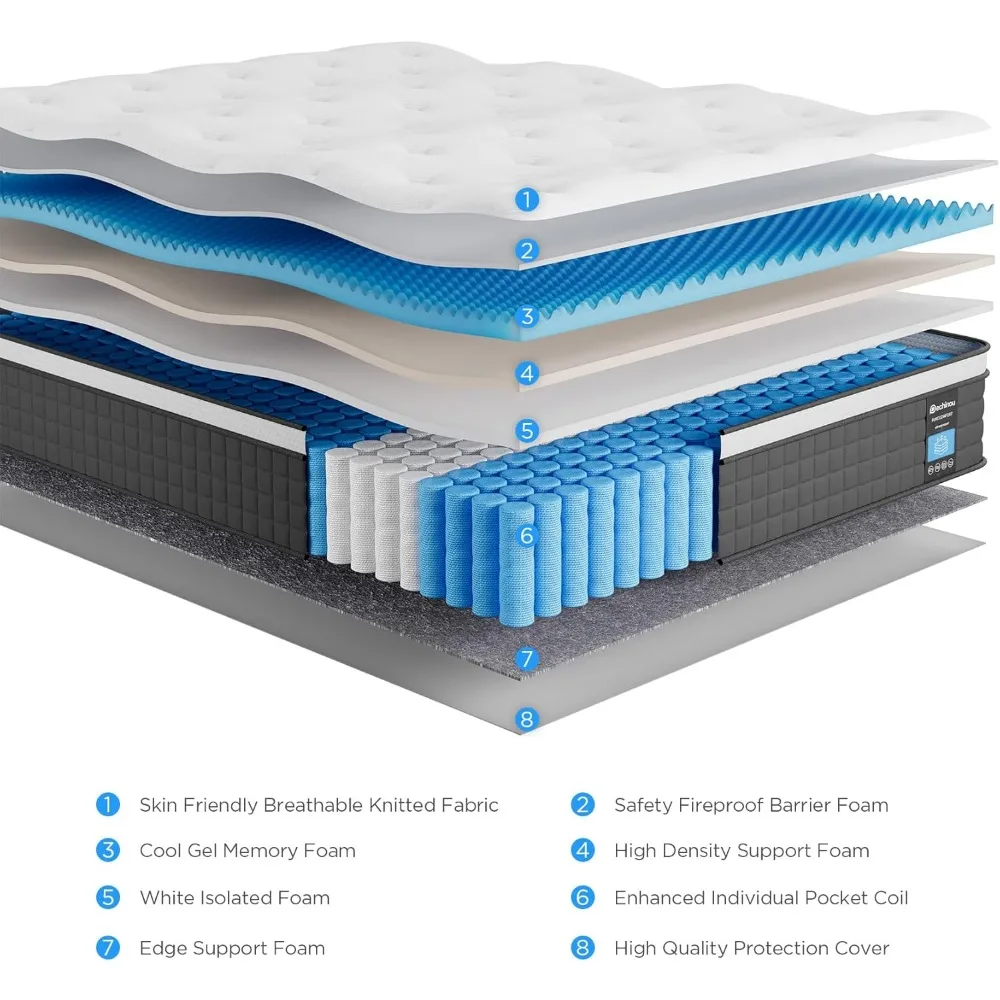 Colchões Queen Size de 12 polegadas com espuma viscoelástica e mola independente, macios e confortáveis, alívio de pressão, frescos e respiráveis