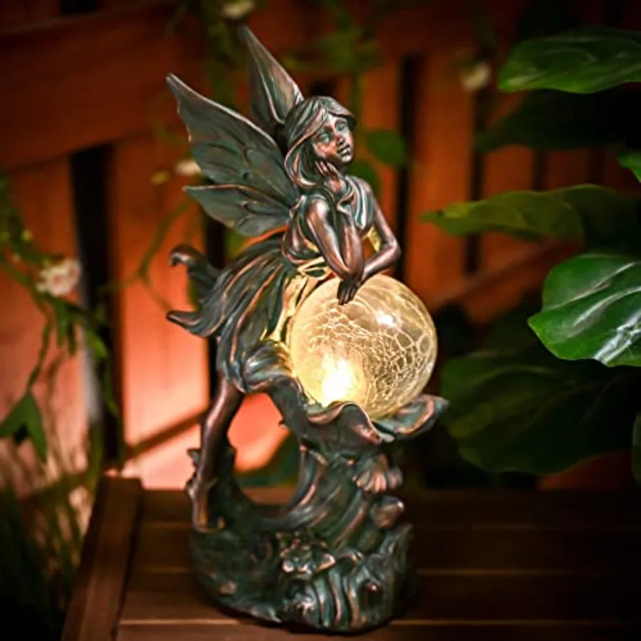 Fairy Garden Statues Outdoor Solar Light for Outdoor Decor, Patina Bronze Fairy Resin Garden Decor Sculptures with Crackle Glas