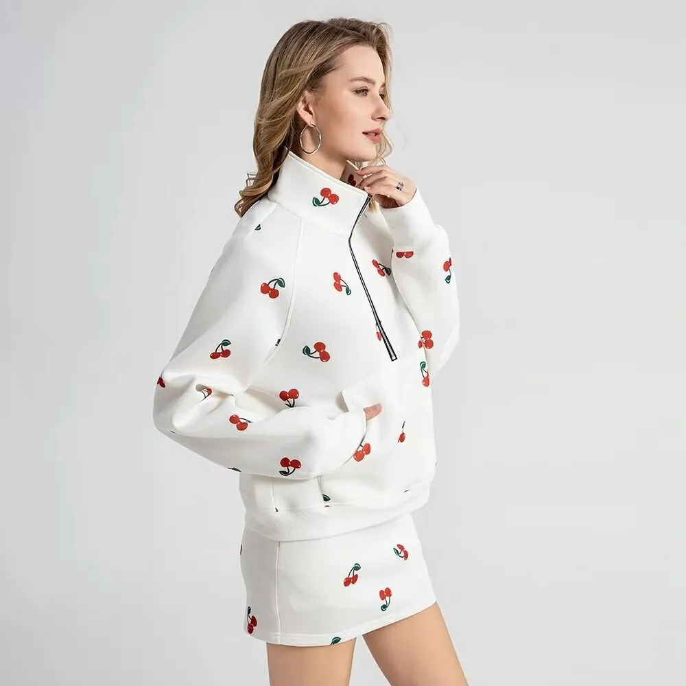 JHJN 2025 New style Women's models Half-body dress Sweatshirt Two sets Trend Cherry Printed Collar half zip Sweatshirt set Suits