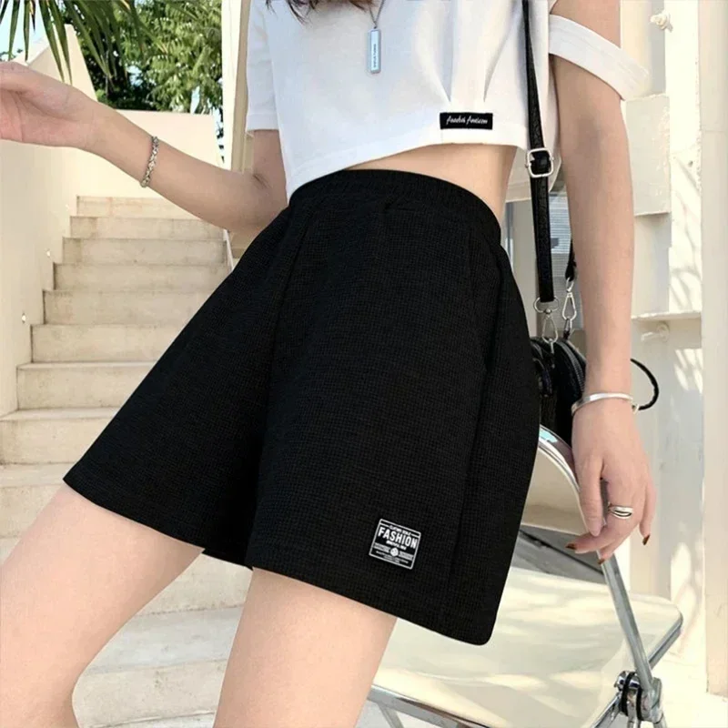 2026 Summer New Waffle Loose Sports Shorts Women's Wide Leg Hot Pants Casual Fashion High Waist Straight Leg Home Pants