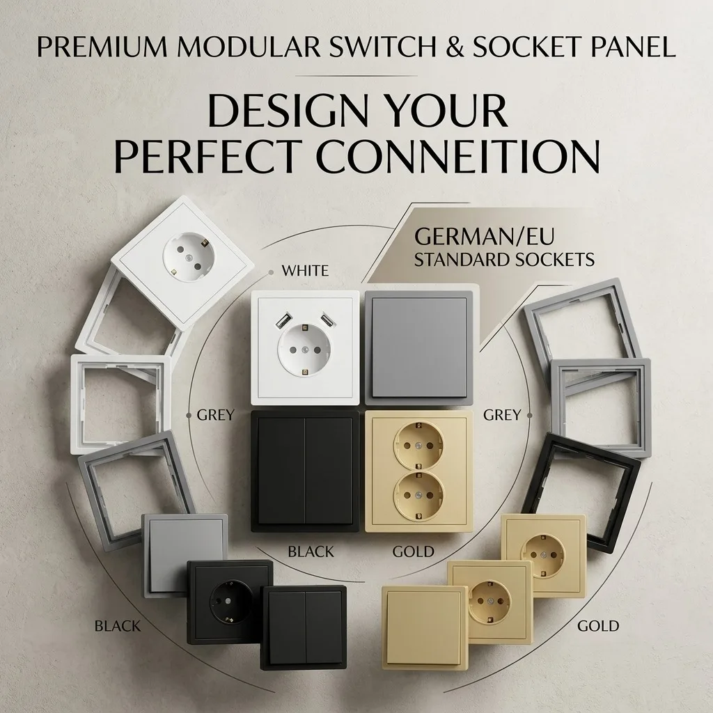EU Schuko Grounded Wall Socket 16A Flush Mount 80*80mm Multi Color Panel USB Type-C Charger 1/2 Gang Mechanical Light Switch