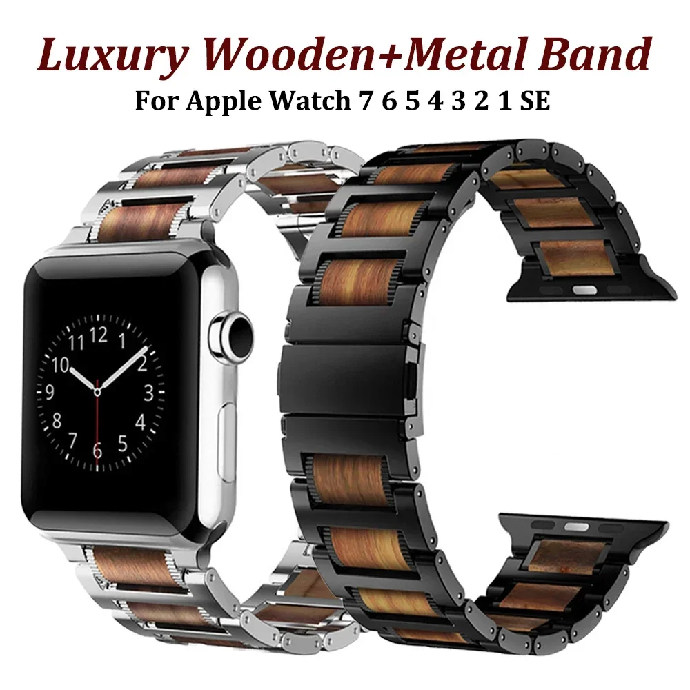 Wooden Metal Bracelet For Apple Watch Band Ultra 49mm 8 7 41 45mm 38 42 44mm 40 Wood Stainless Steel Strap For iWatch 6 543 SE