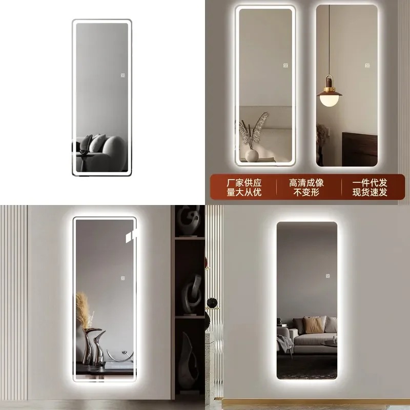 Frameless Full Length Mirror with LED Light Smart Touch Wall Mounted Body Mirror for Clothing Store Barber Shop Entrance
