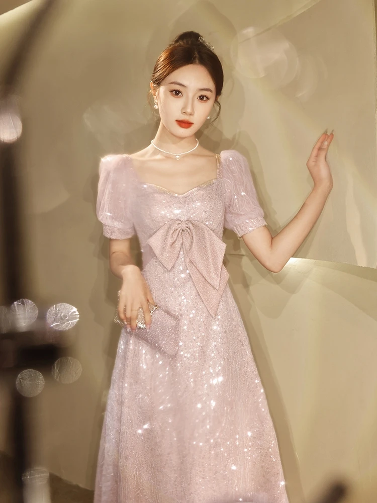 

Graceful Sparkly Pink Prom Dresses Square Collar Puff Short Sleeves A-Line Floor Length Sequin Bead Party Cocktail Evening Gown