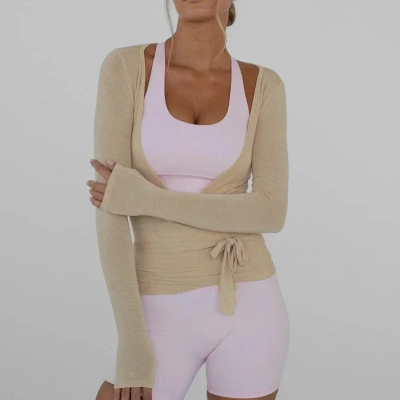 

Women's Yoga Shirts Wrap Ruched Tie Front Long Sleeve Workout T Shirts Sexy Deep V Neck Slim Fit Casual Cropped Top