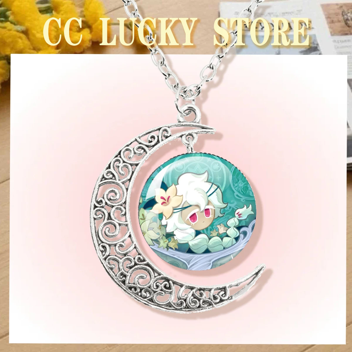 Cookie Run Kingdom 20MM Round Glass Cabochon Necklace Game Shadow Milk Cookie Handmade Moon Necklace Pendant Accessory Gift ﻿