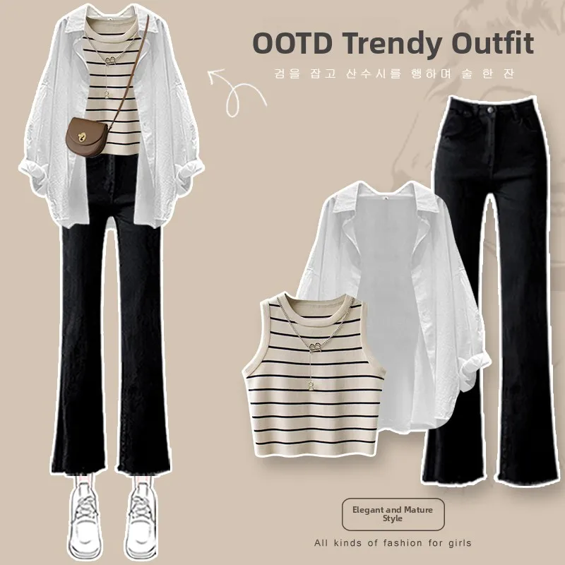 

Spring Autumn Loose Women's Jeans Casual Faion Age Reduction Tee Piece Set Profional Suiting Comfortable Long Sve S...