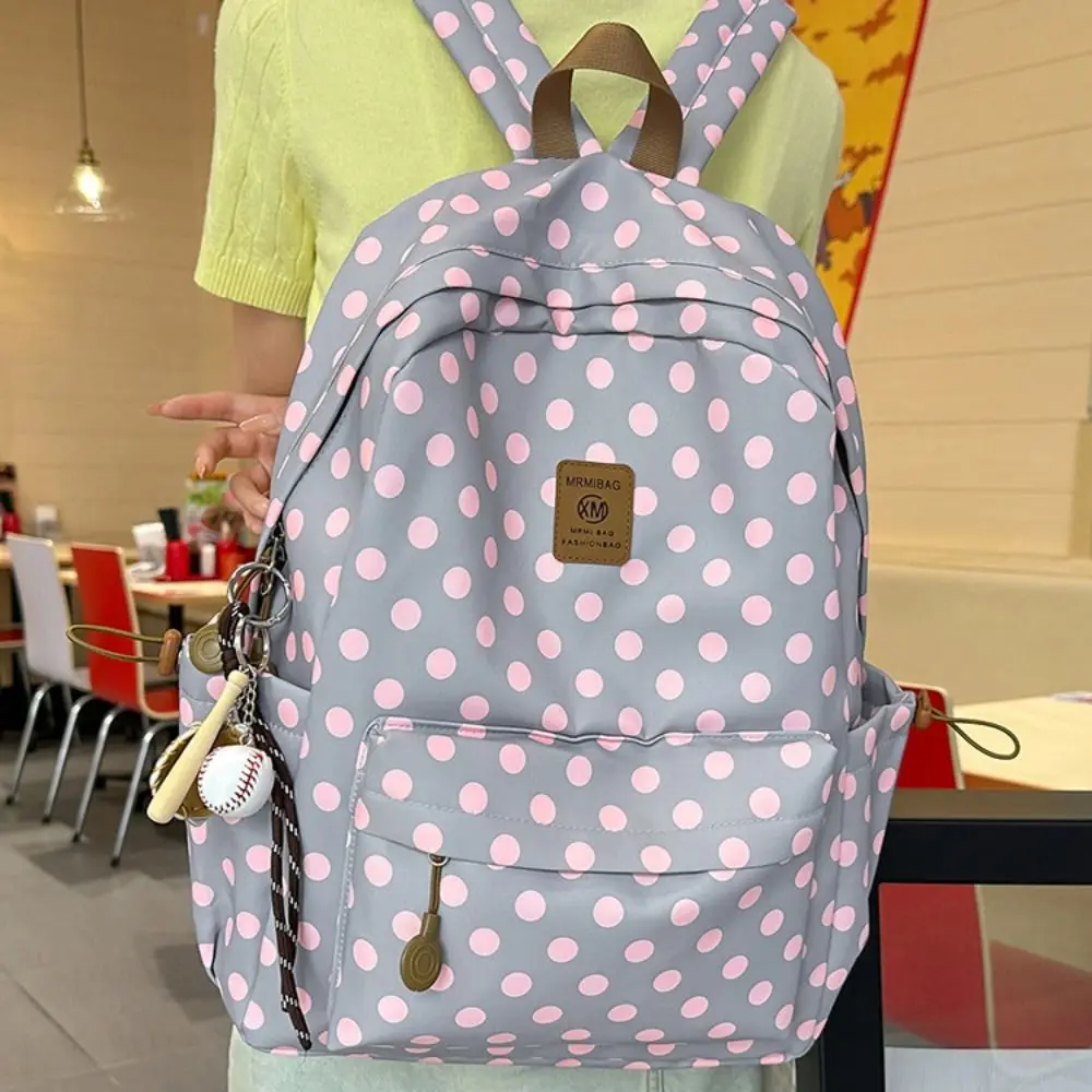 Y2k Süßer Polka-Dot-Rucksack, mehrfarbig, mit mehreren Taschen, Spitzenbesatz, strapazierfähiger minimalistischer Schulrucksack für Studenten und College. – Detail 9