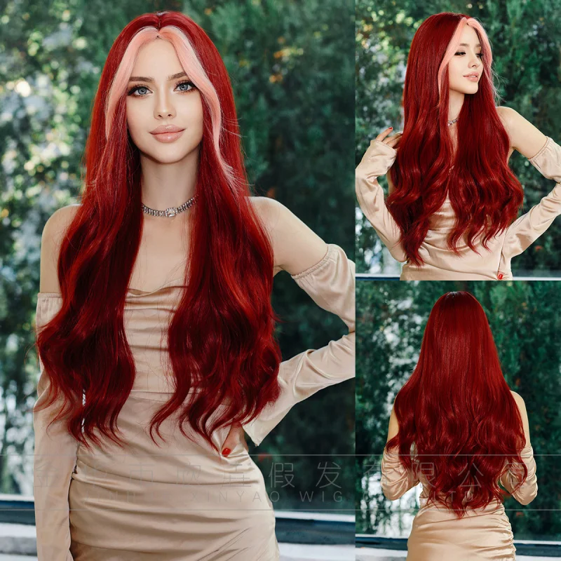 High-quality European and American wig, 28 inches, burgundy long curly hair with large waves, middle parting, highlights in pink