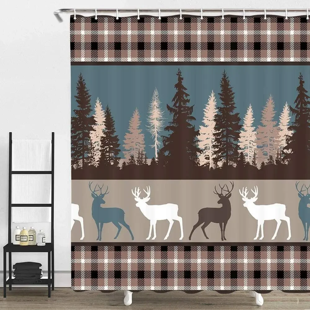 Deer Buffalo Plaid Cabin Shower Curtains, Elk in Pine Forest Wildlife Woodland Camo Bath Curtain Set Bathroom Decor with Hooks