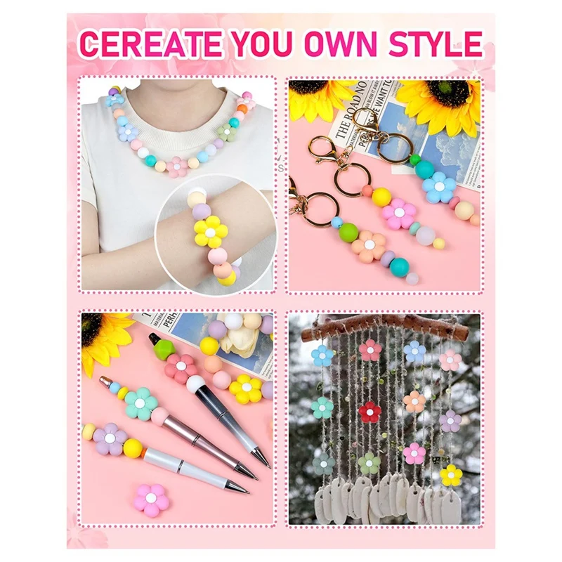 24 peças de contas de silicone, flores e amuletos fofos para chaveiros diy, canetas, pulseiras, colares, cordões e materiais de artesanato