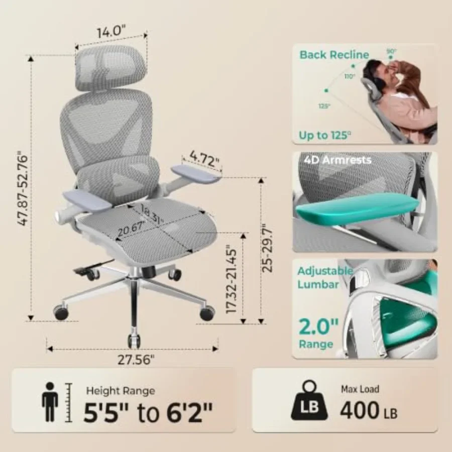 Ergonomic Mesh Office Chair for long desk work, black mesh fabric, adjustable lumbar support and 3D headrest, 400lbs capacity w