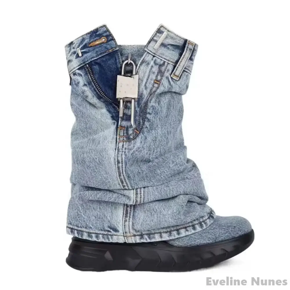 

Round Toe Black Cowboy Trouser Boots Women Thick Sole Metal Decoration Slip On Pleated Shark Boots 2025 New Fashion Ladies Boots