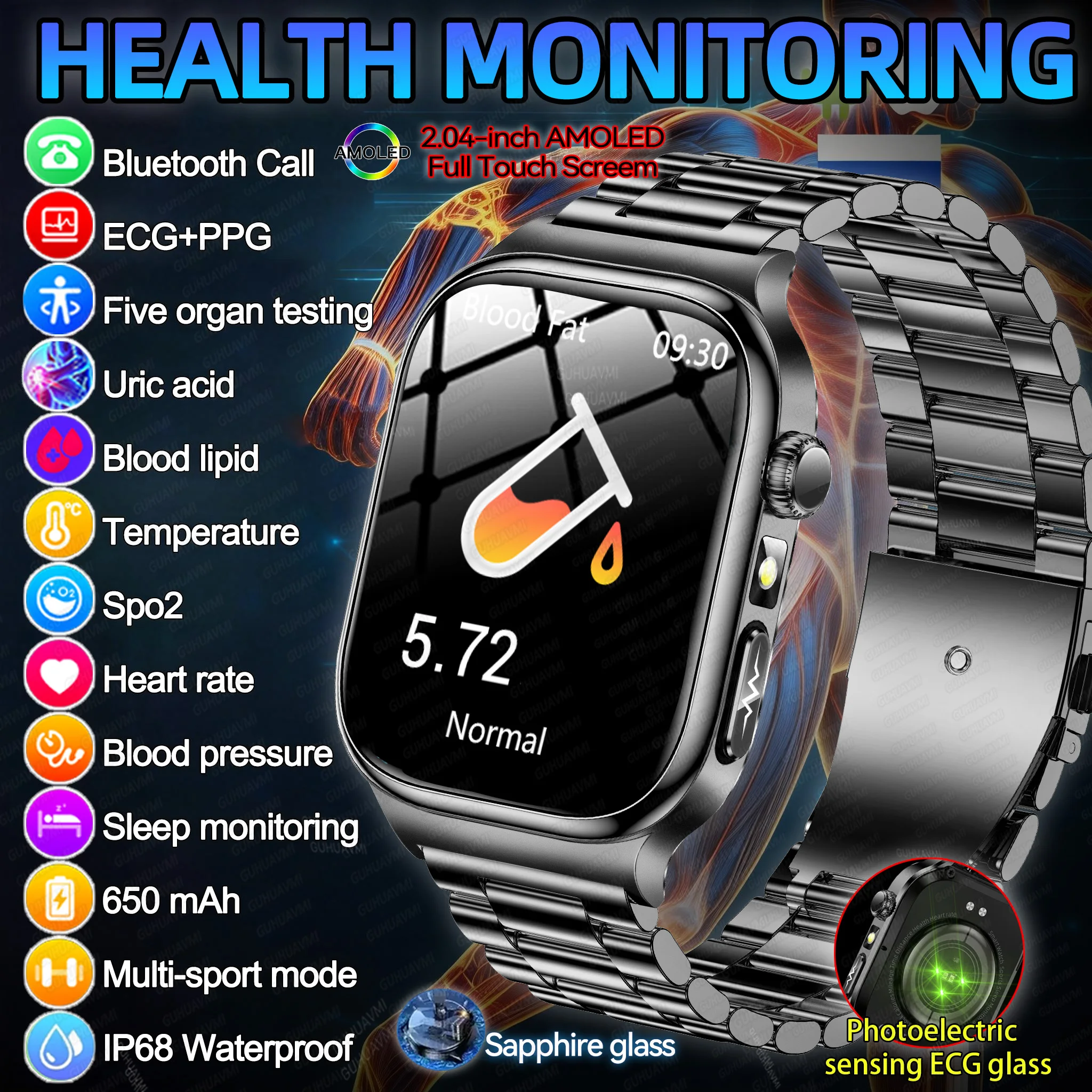 

2026Fashion New Expert level Health Smart Watch Men ECG+PPG BP Uric Acid Lipid Micro-physical Examination Call 2.04"Screen Watch