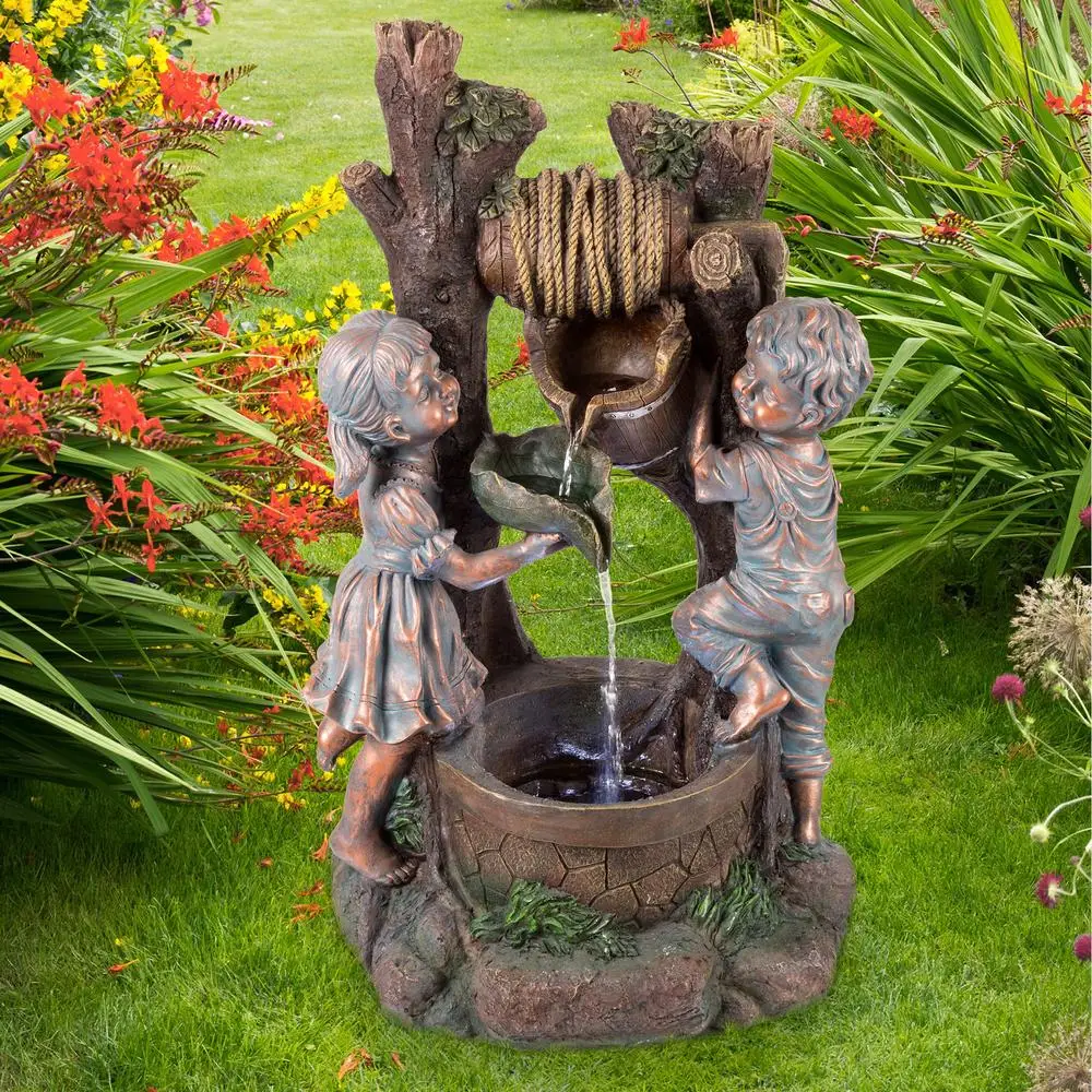 Cascading Water Fountain Boy Girl Outdoor LED Lights Soothing Sounds Garden Patio Durable Design Easy Installation Polyresin