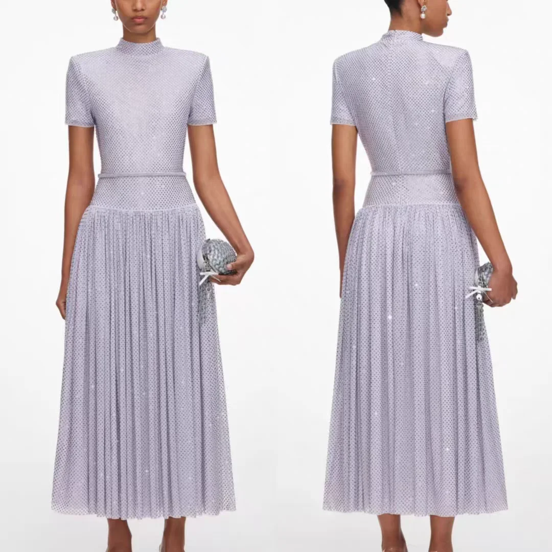 

Women diamond pleated long dress short sleeve fashion luxury party midi dress