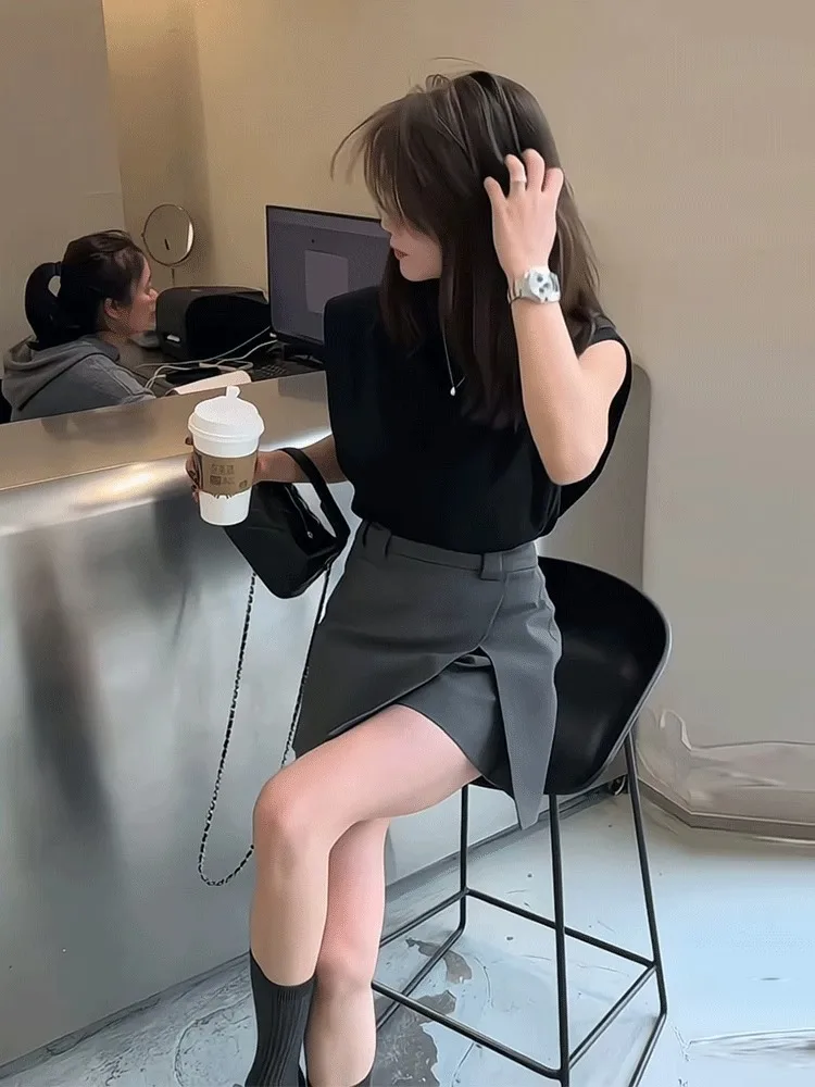 Camiseta Coreana Sle Slim Fit ort Sve para mujer, novedad de verano, falda dividida f Body Faionable, conjunto de dos piezas informal holgado