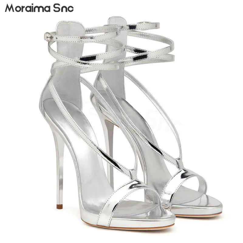 

Silver Patent Leather One-Strap Sandals Gold Thin Strap Open-Toe High Heels Ankle Straps Sexy and Fashionable Women's Shoes