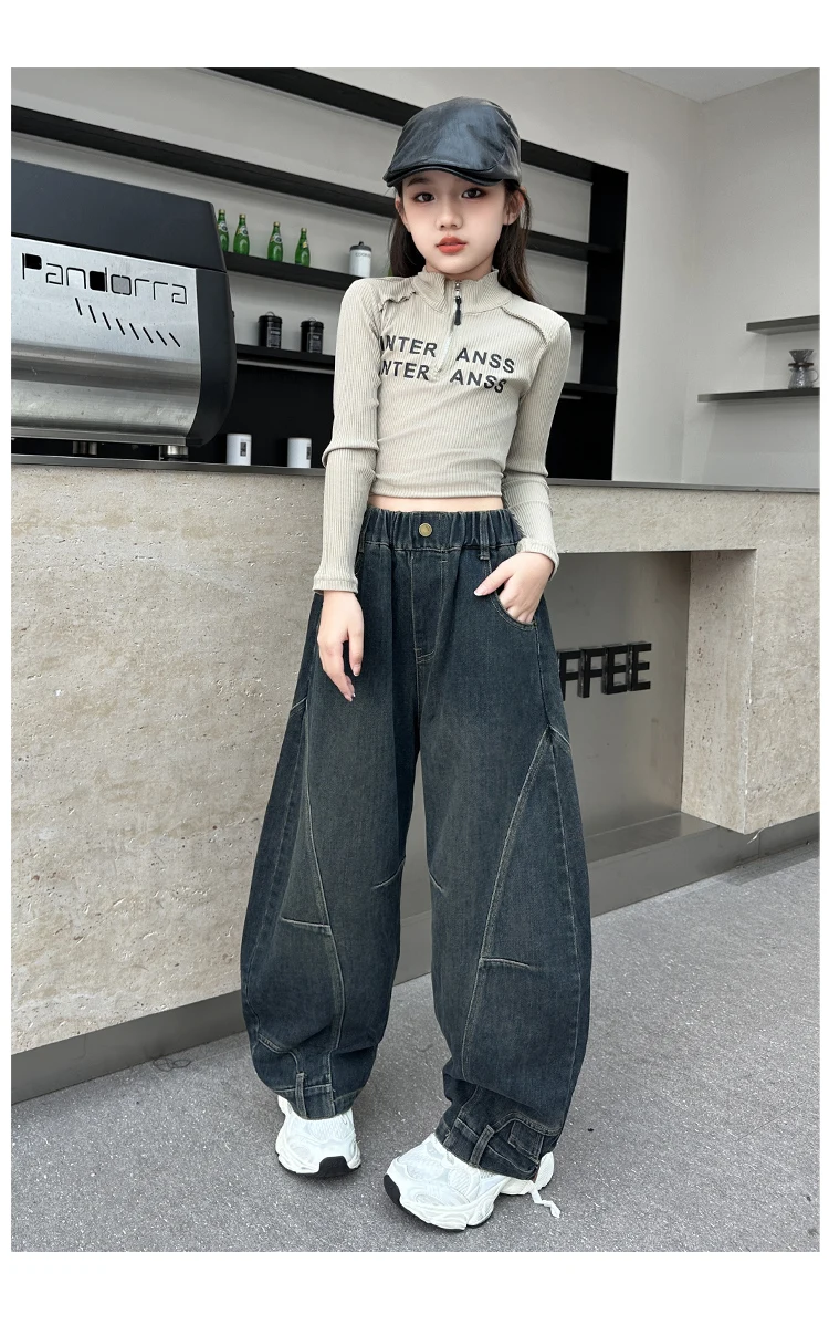 Neues Design Baggy Jeans für Mädchen, Herbst, locker, lässig, elastische Taille, Teenager-Kinder, weite Hosen, Streetwear, Kinderhosen – Detail 5