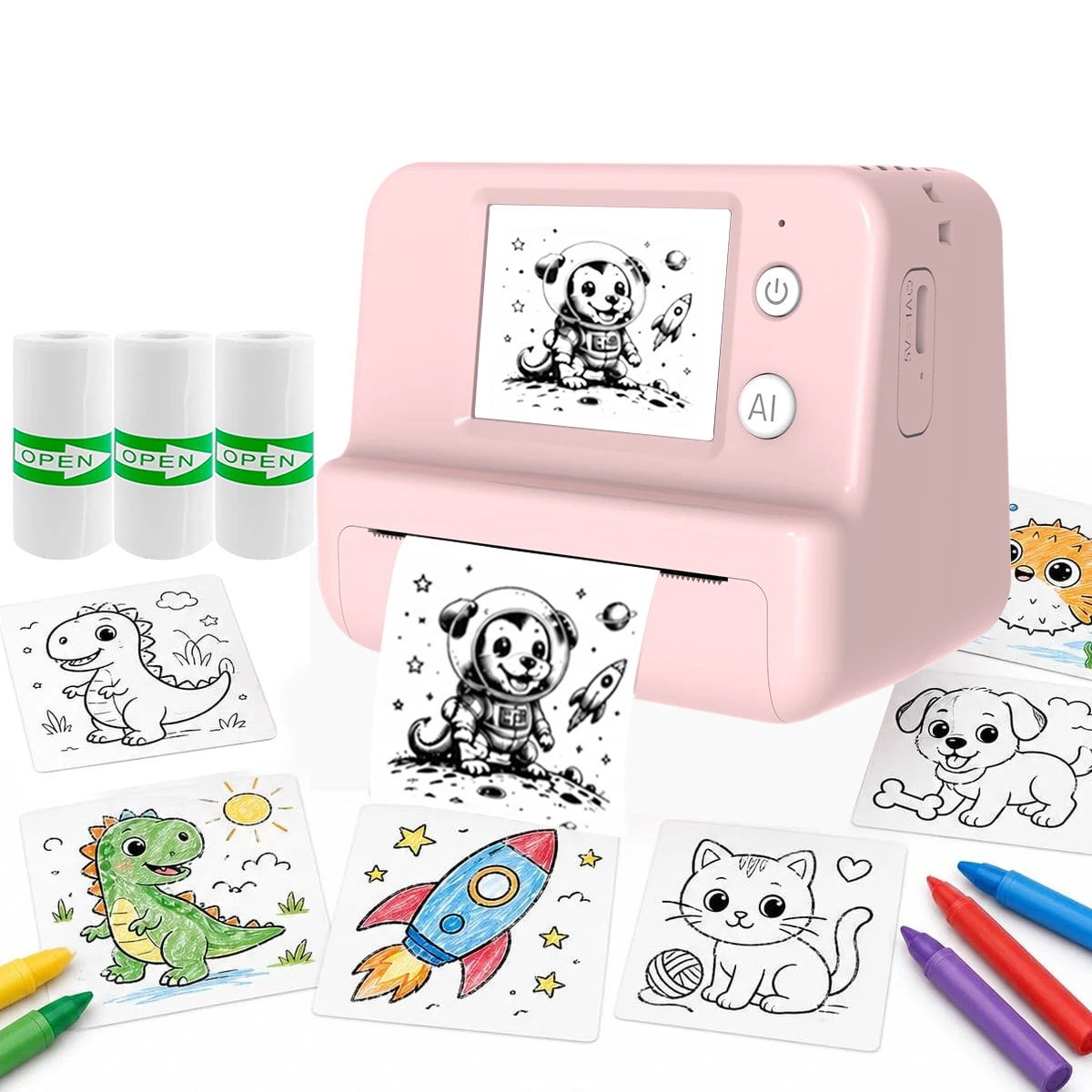 The Mini AI Smart Voice Imaging Printer is portable, ink-free, and boasts high resolution. It charges via USB and includes 3 rol