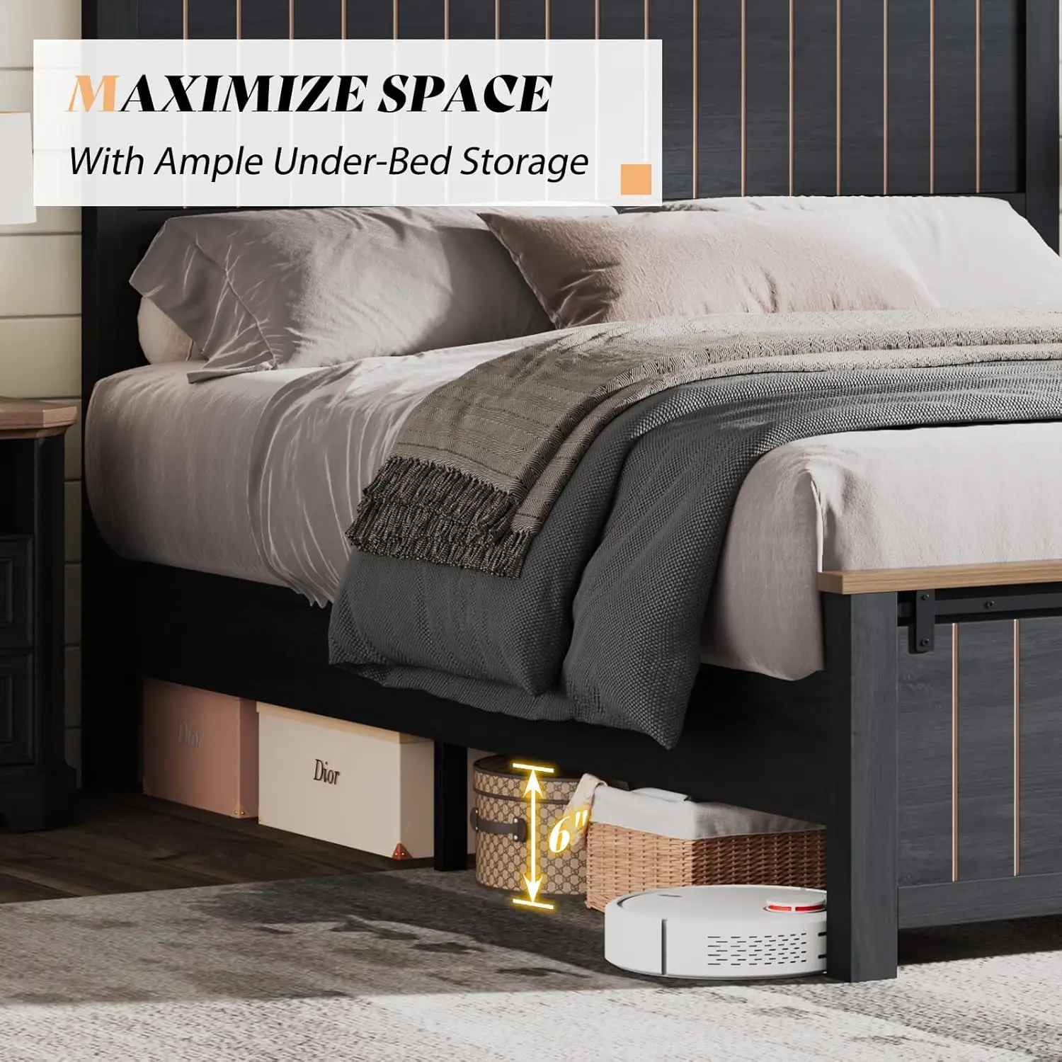 إطار سرير بحجم كوين للمزرعة مع باب حظيرة منزلق، إطار سرير بمنصة ريفية خشبية مع لوح رأسي طويل القامة مقاس 47 بوصة، خالي من الضوضاء، سول