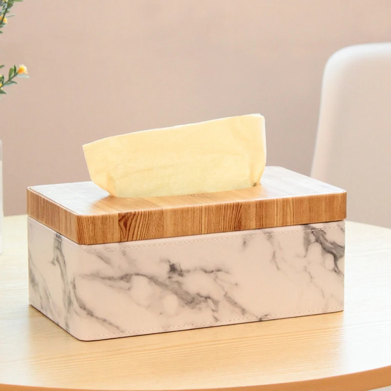 Rectangular Marble PU Facial Grain Tissue Box Cover Napkin Holder Paper Towel Dispenser Container for Home Office Decor