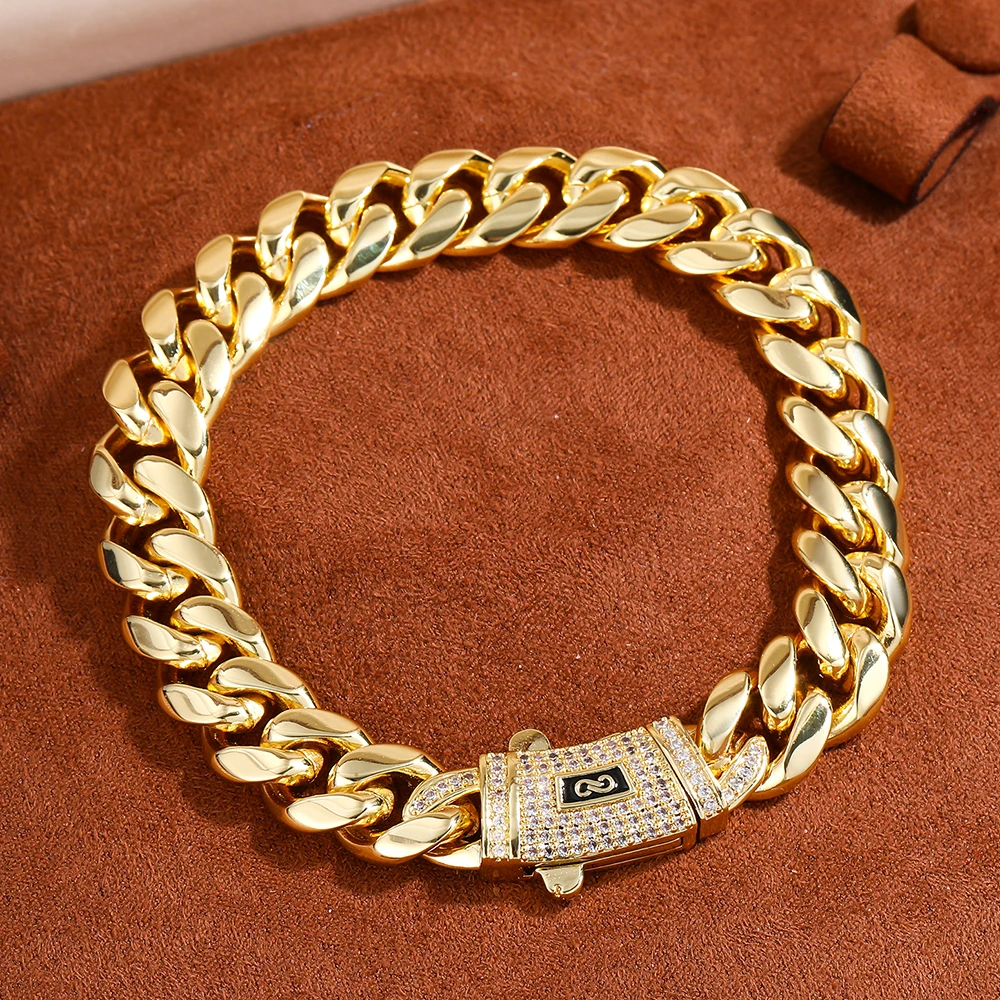 14mm Miami Cuban Chain Stainless Steel Bracelet Hiphop Jewelry For Men Women Luxury Spring Clasp Paved Stones Fashion Wrist Link