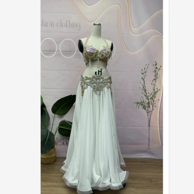 تخصيص أزياء الرقص الشرقي الصناعة الثقيلة أداء الرقص الشرقي فستان ثلاث قطع مجموعة حمالة صدر بيضاء + غطاء الخصر + فستان طويل #2