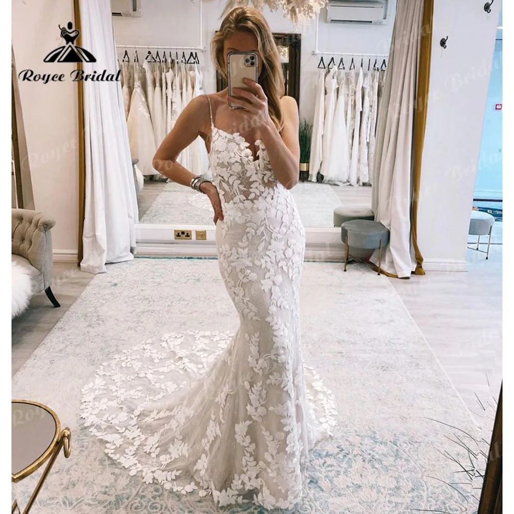 Vestido de novia de sirena con encaje Floral, traje de tirantes finos con cuello en V, estilo bohemio, corte sirena, Sexy, 2023