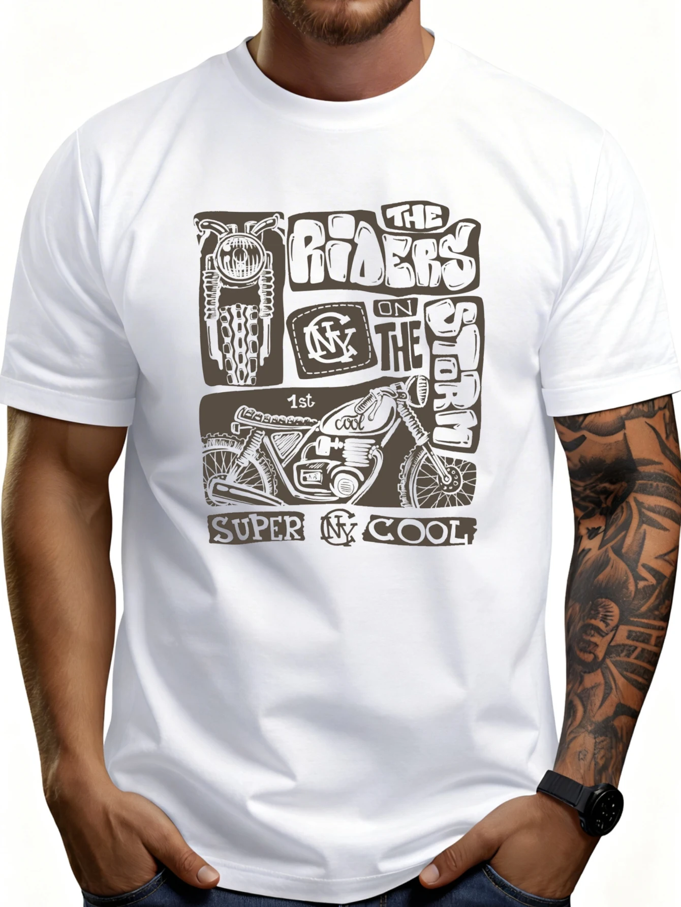 Casual Street Style Men's T-Shirt with a Motorcycle Rider in a Storm Graphic, Suitable for Spring and Summer Wear, Ideal for Motorcycle Enthusiasts, and a Perfect Gift for Motorcycle Lovers.
