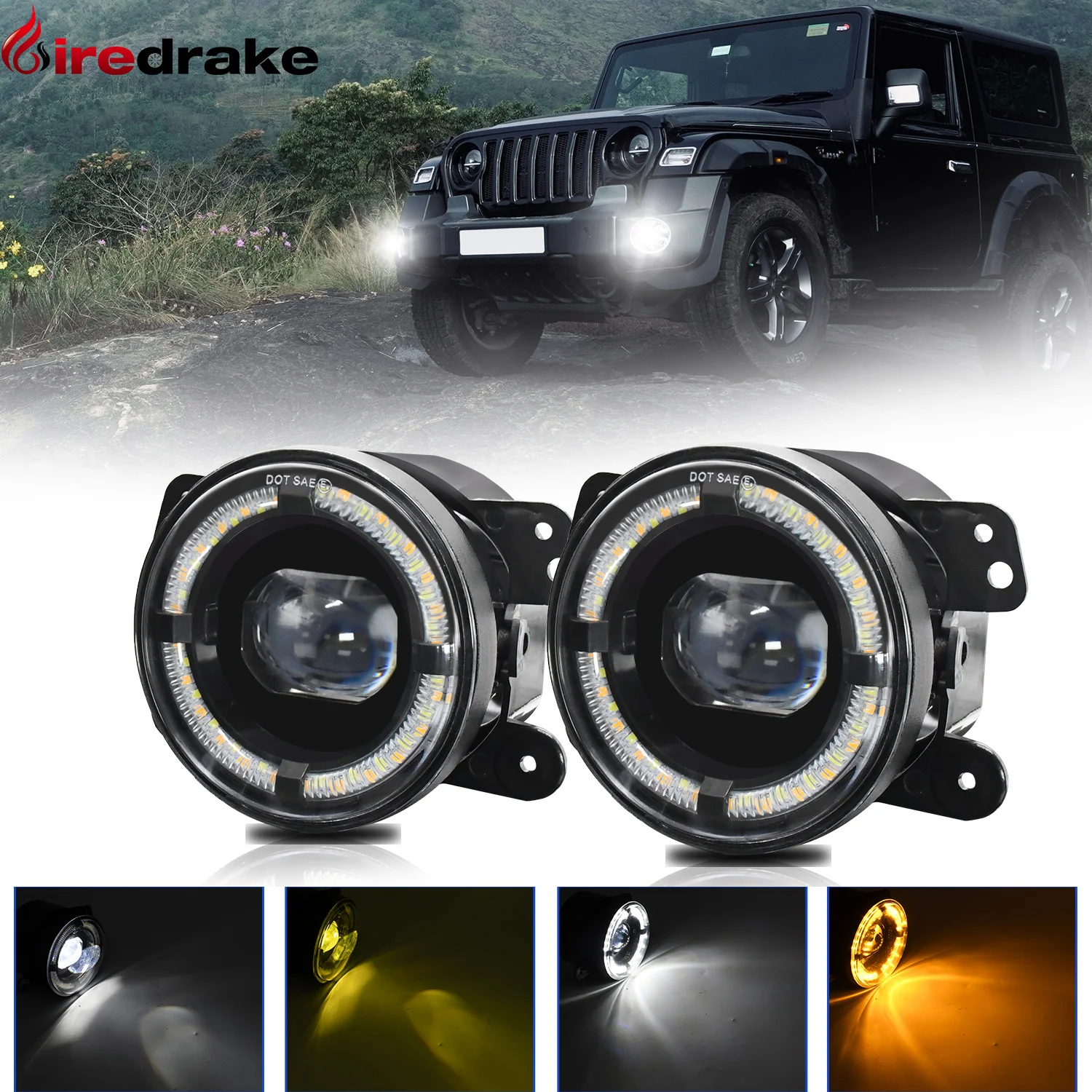 

4 Inch 200W Round Led Fog Lights Jeep Wrangler Front Fog Lamps 6000K 20000LM Yellow White Halo Ring DRL 30V Off Road Fog Lights