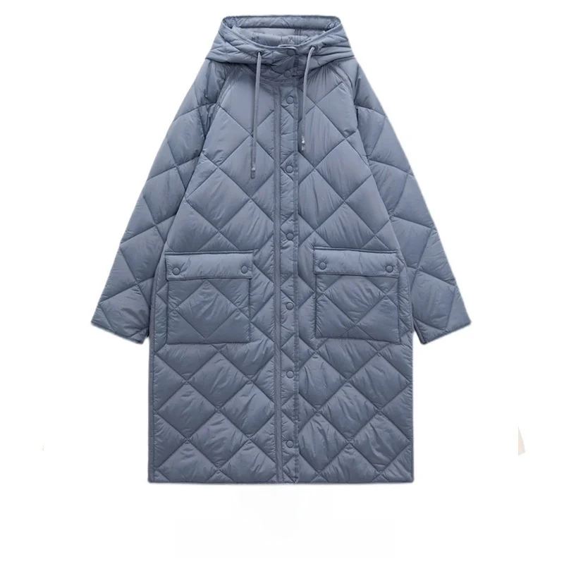 

Women's Diamond Lattice Pocket Decoration Hooded Jacket Europe And US Style Long Cotton-Padded Coat Autumn Winter New Arrivals