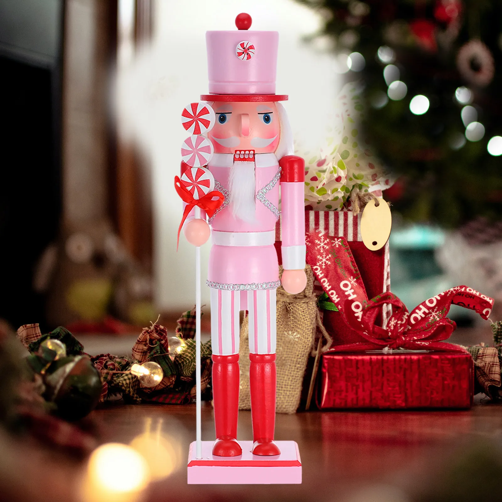Pink Candy Theme Wooden Nutcracker Figure Handmade Christmas Ornament Desktop Decor Holiday Festival Puppet Soldier Statue